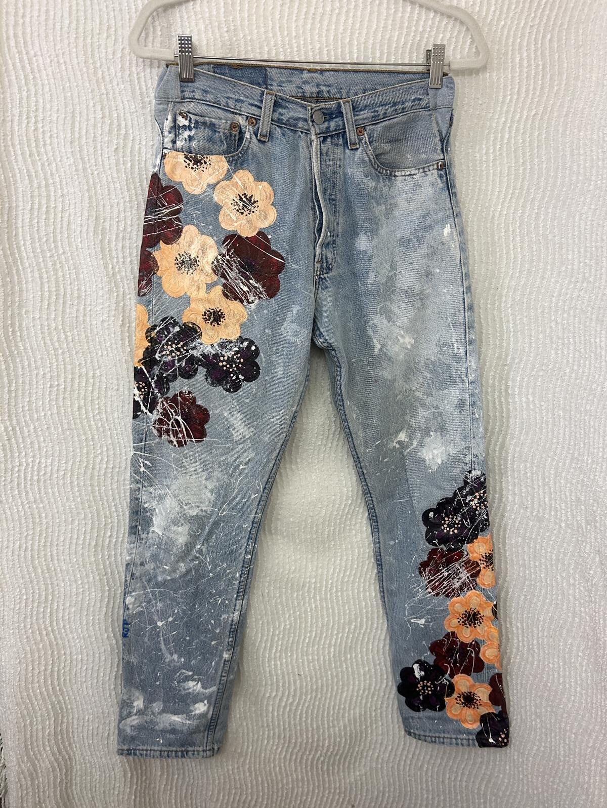 Rjp Style Hand Painted Levi’s 501 Jeans Floral Upcycled Art Vintage 27